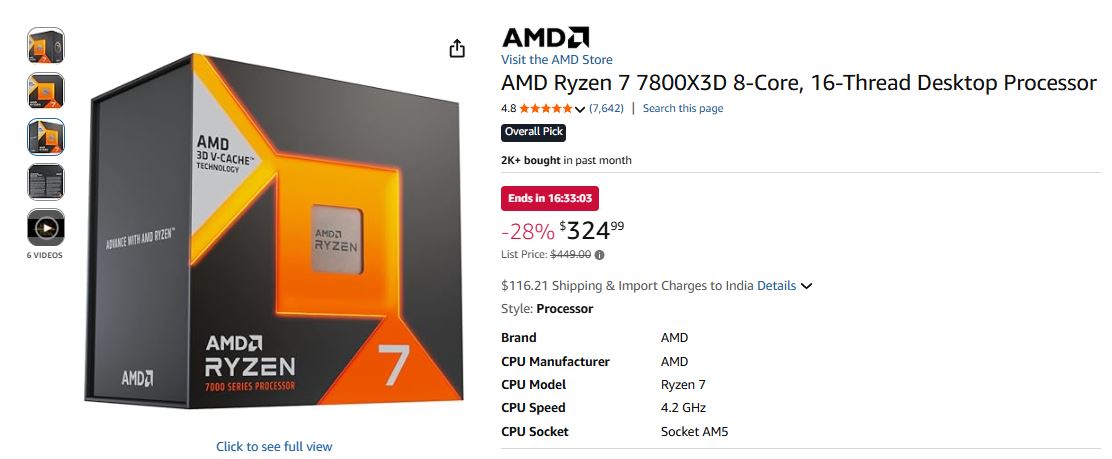 The image shows an AMD Ryzen 7 7800X3D 8-Core, 16-Thread Desktop Processor box with 'AMD 3D V-Cache Technology' on the packaging, priced at $324.99 with a 28% discount and rated 4.8 stars by 7,642 reviews.