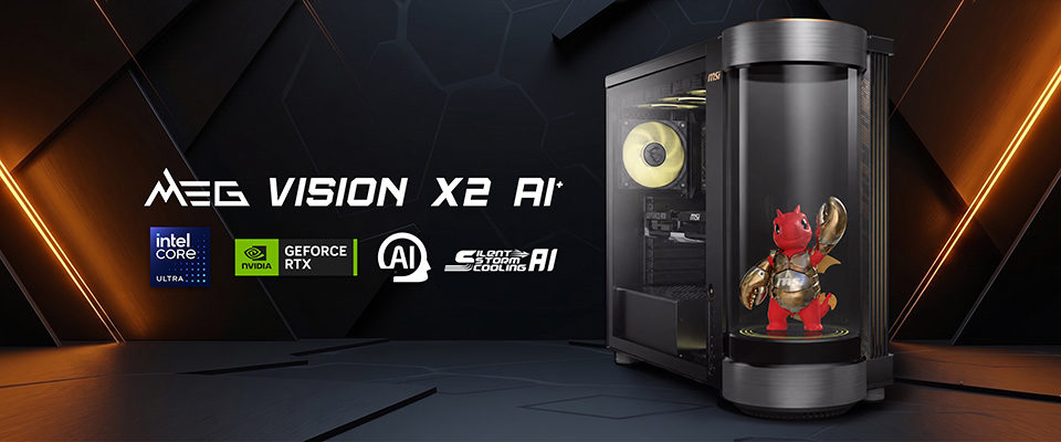 Une tour d'ordinateur futuriste estampillée MEG VISION X2 AI avec les logos Intel Core Ultra et NVIDIA GeForce RTX, à l'intérieur de laquelle se trouve une figurine de dragon.