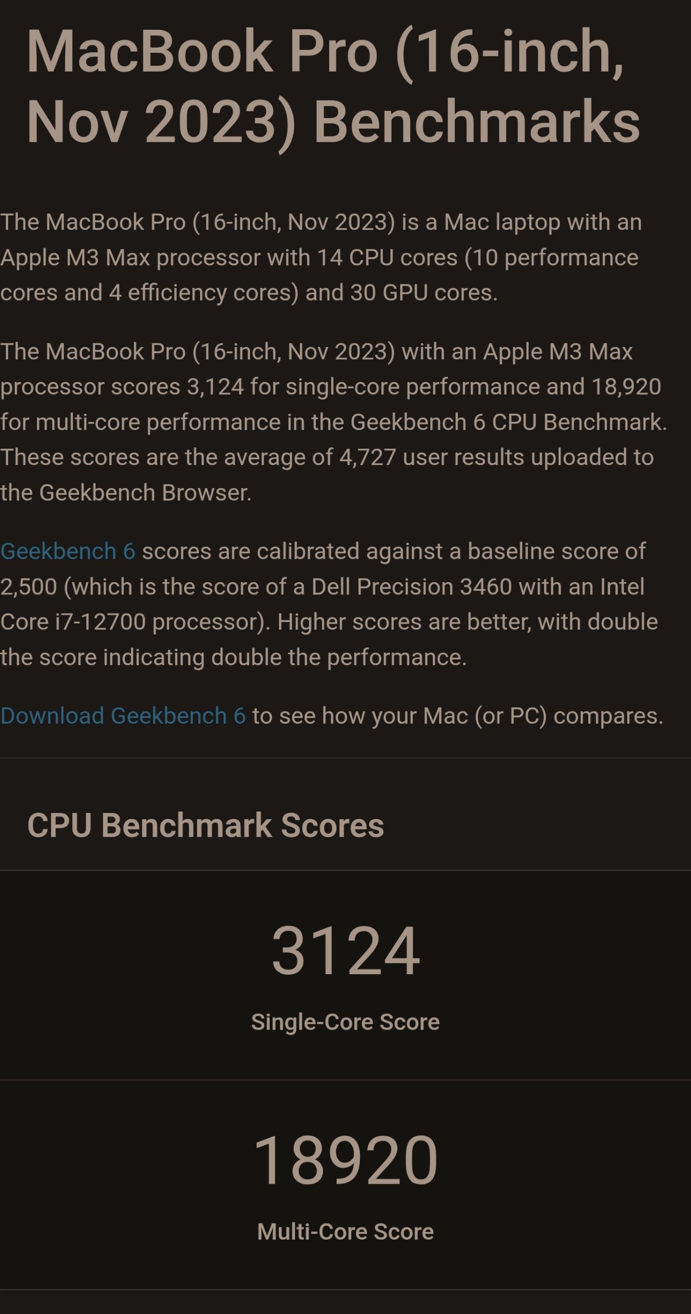 L'image montre les scores de benchmark Geekbench 6 pour un MacBook Pro (16 pouces, nov. 2023) avec un processeur Apple M3 Max, affichant un score mono-cœur de 3124 et un score multi-cœurs de 18920.