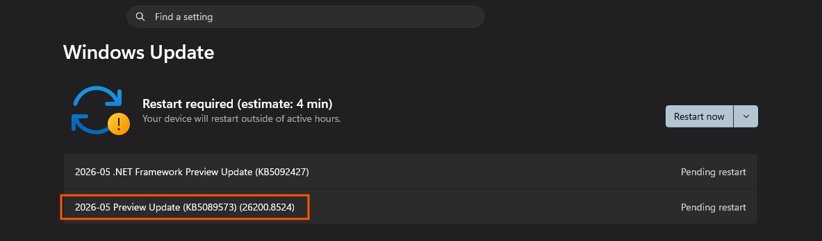Un écran de mise à jour Windows affiche une notification 'Redémarrage requis' avec les mises à jour '2026-05 .NET Framework Preview Update (KB5092427)' et '2026-05 Preview Update (KB5089573) (26200.8524)' en attente.
