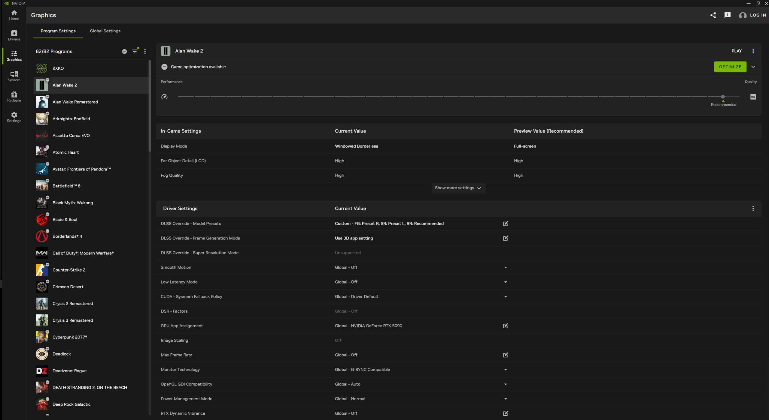 A screenshot of the NVIDIA graphics settings interface for the game 'Alan Wake 2,' showing current in-game settings such as 'Display Mode: Windowed Borderless' and driver settings including 'DLSS Override: Custom - FG: Preset B, SR: Preset L, RR: Recommended' with 'Global - NVIDIA GeForce RTX 5090.'