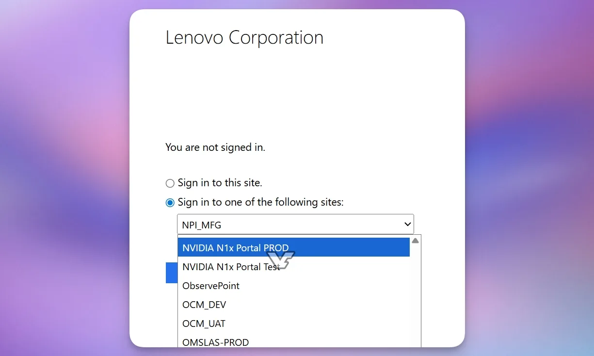 Capture d'écran de la page de connexion interne Lenovo montrant la référence au portail Nvidia N1X