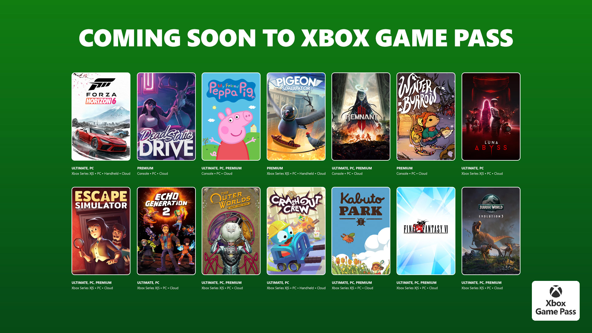 Covers de jeux avec le titre 'COMING SOON TO XBOX GAME PASS'. On y voit Forza Horizon 6, Dead Static Drive, Jurassic World Evolution 3 et d'autres.