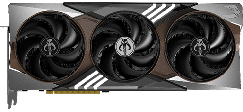 A graphics card with three large cooling fans and a decorative design on the casing, featuring a logo with two crossed swords.