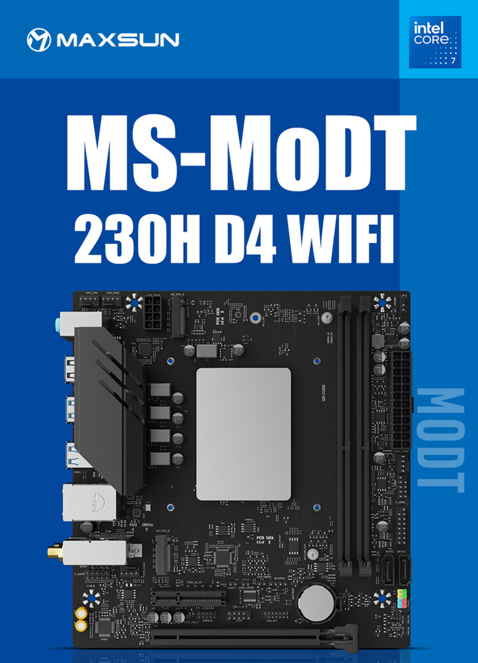 A MaxSun MS-MoDT 230H D4 WIFI motherboard with Intel Core i7 compatibility is shown against a blue background with 'MS-MoDT 230H D4 WIFI' text prominently displayed.