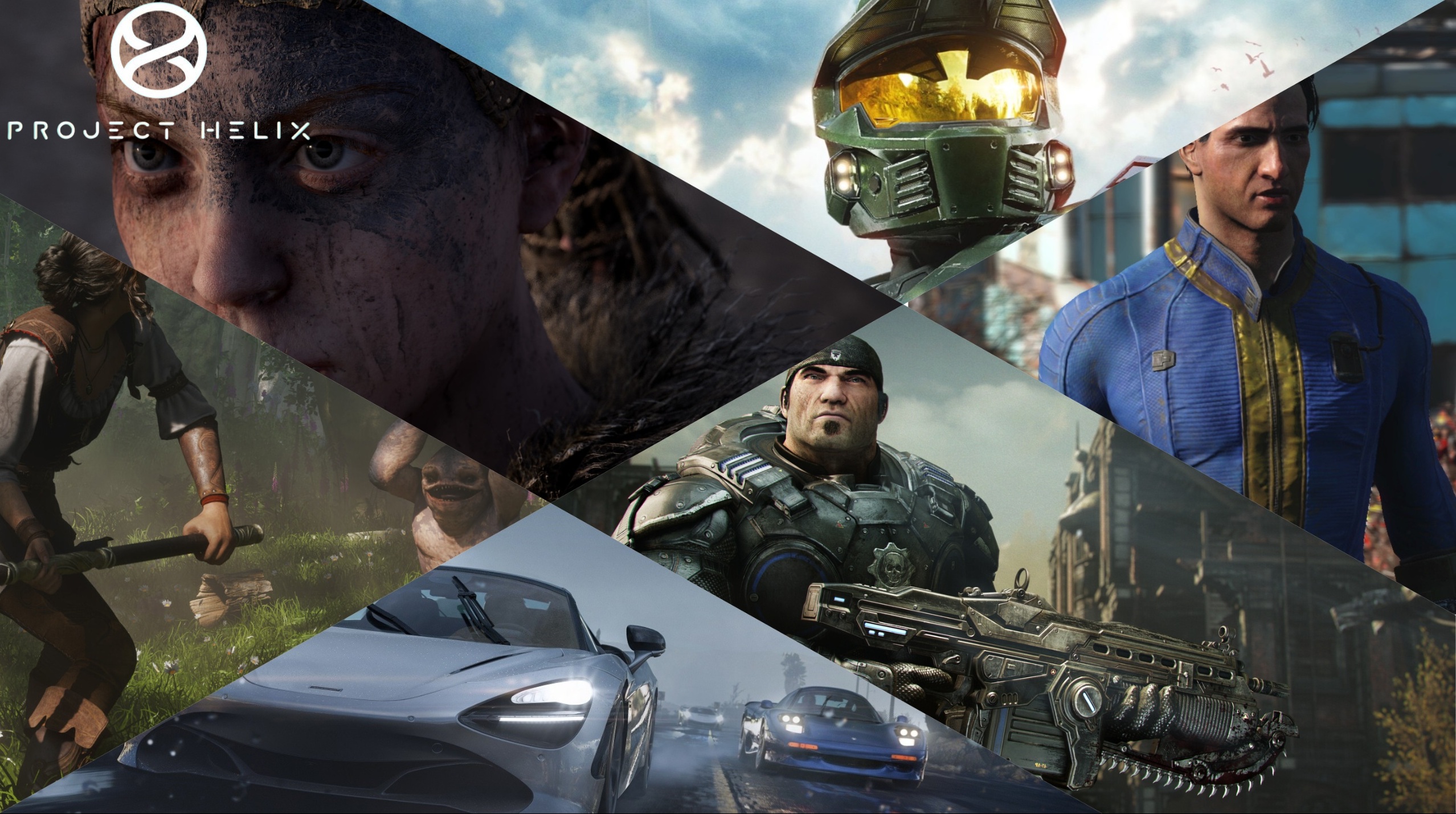 A collage titled 'Project Helix' features characters and scenes from various video games, including a soldier in armor, a