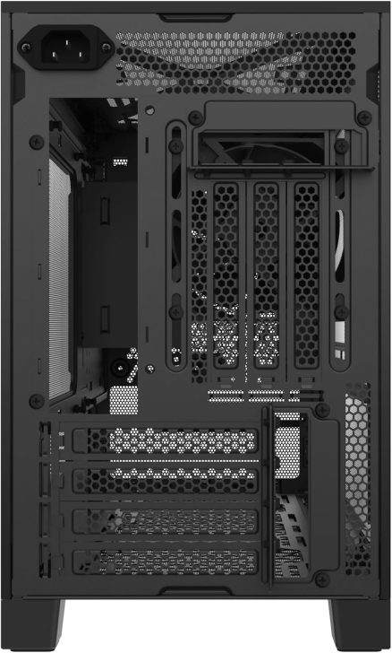 Vue arrière d'un boîtier PC non marqué avec sept slots PCIe et un emplacement pour l'alimentation au sommet.