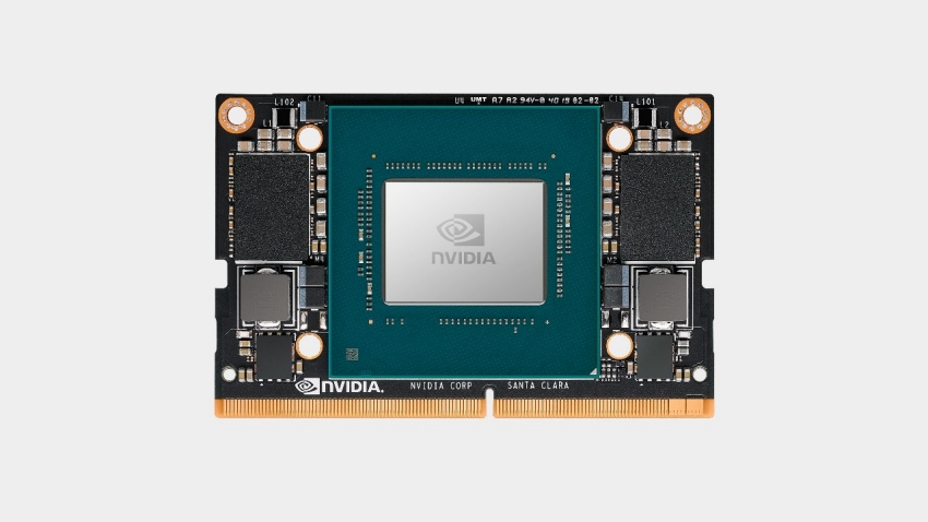 A close-up of an NVIDIA Jetson Orin Nano module with the NVIDIA logo visible on the chip.