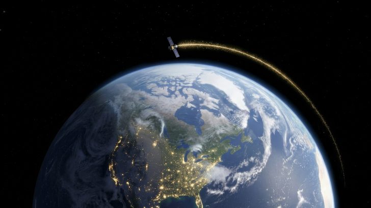 A satellite orbiting Earth above North America, with city lights visible across the continent.