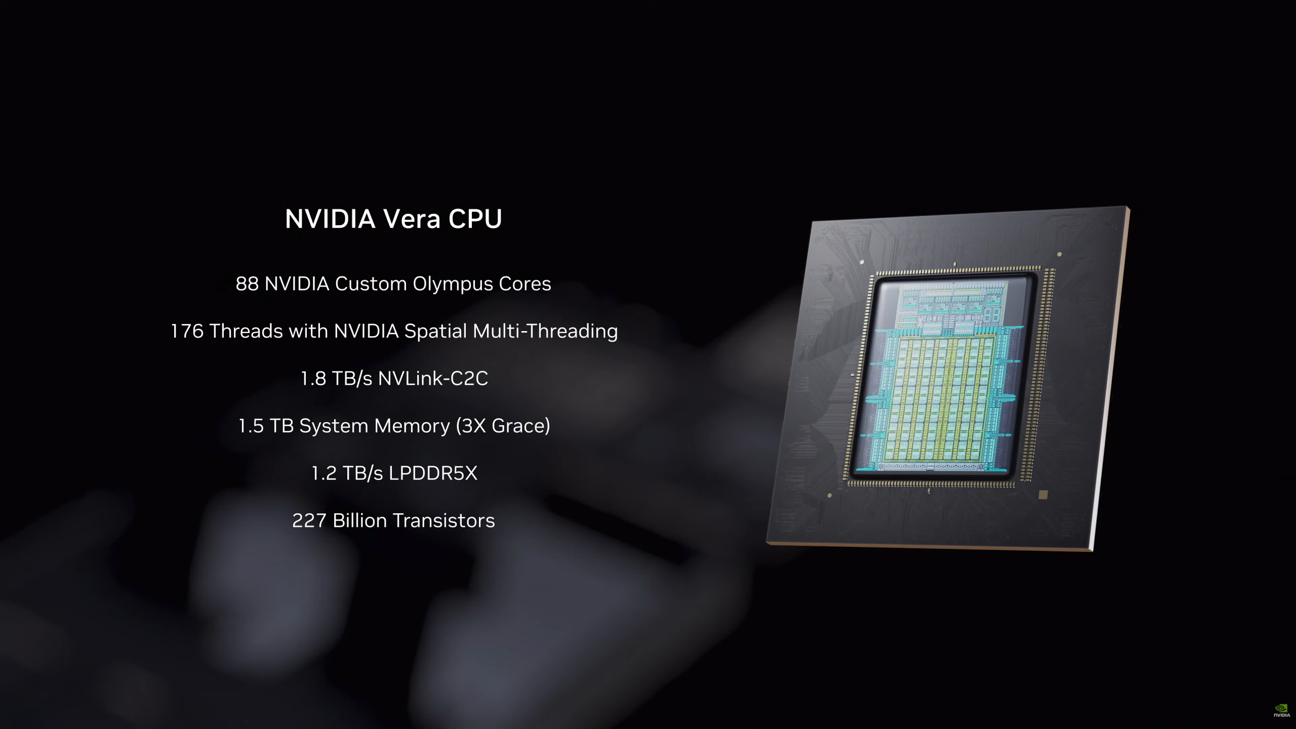 Slide de présentation détaillant les spécifications du CPU NVIDIA Vera