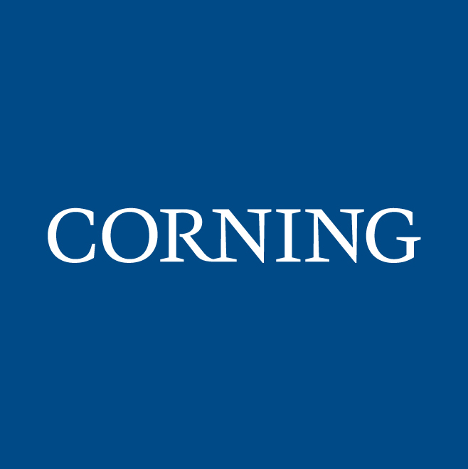A blue background with the text 'CORNING' in white capital letters.