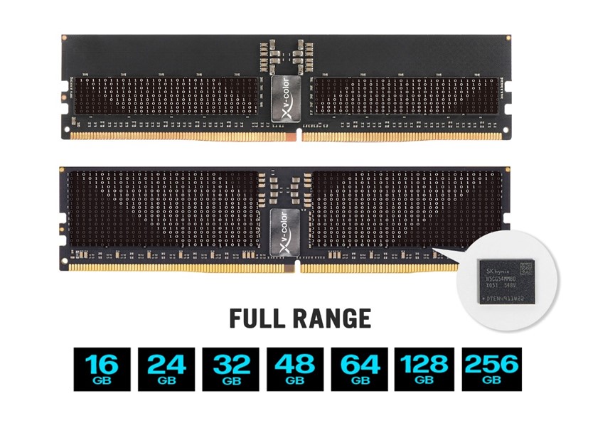 Two V-Color memory modules with SK Hynix chips are shown alongside text indicating a 'FULL RANGE' of capacities from 16GB to 256GB.
