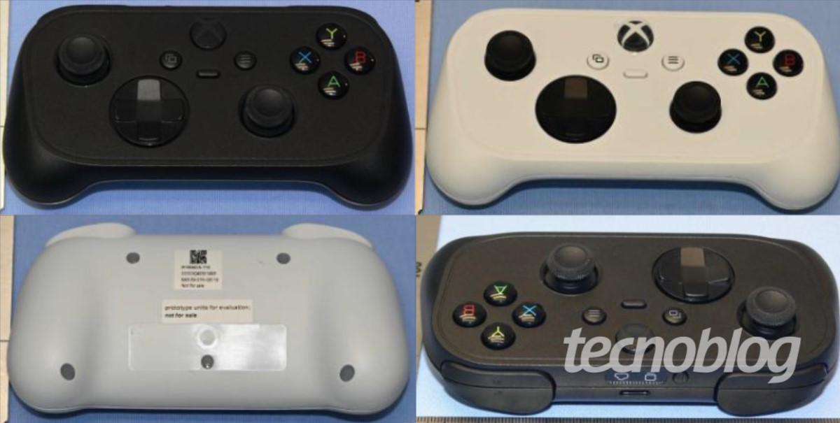 Four images of two different gaming controllers are shown, with one black and one white, featuring button layouts similar to Xbox controllers and a label on the white controller stating 'prototype unit for evaluation: not for sale.'