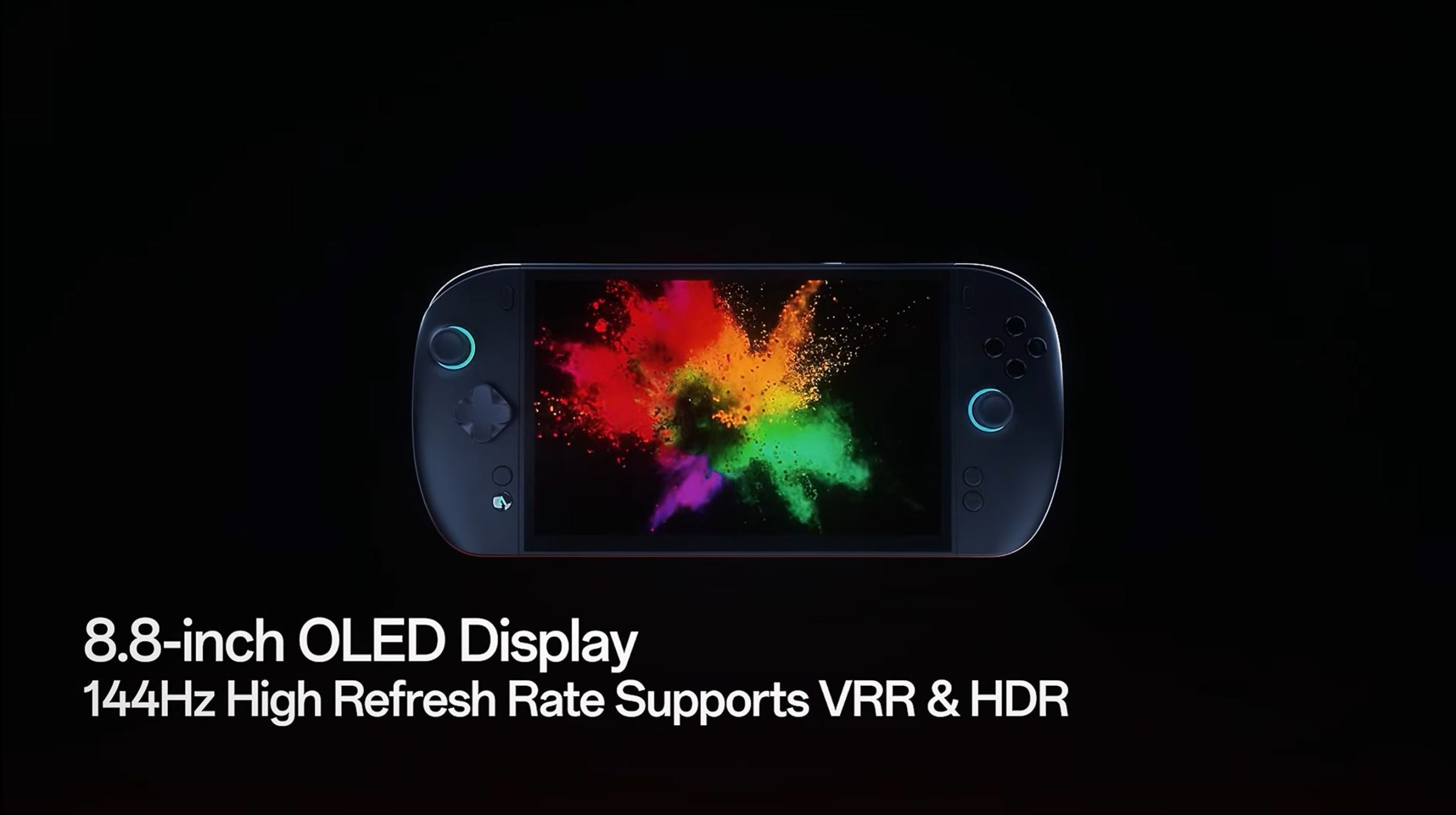 A handheld gaming device with an 8.8-inch OLED display shows vibrant colors, and the text beneath reads, '8.8-inch OLED Display 144Hz High Refresh Rate Supports VRR & HDR.'