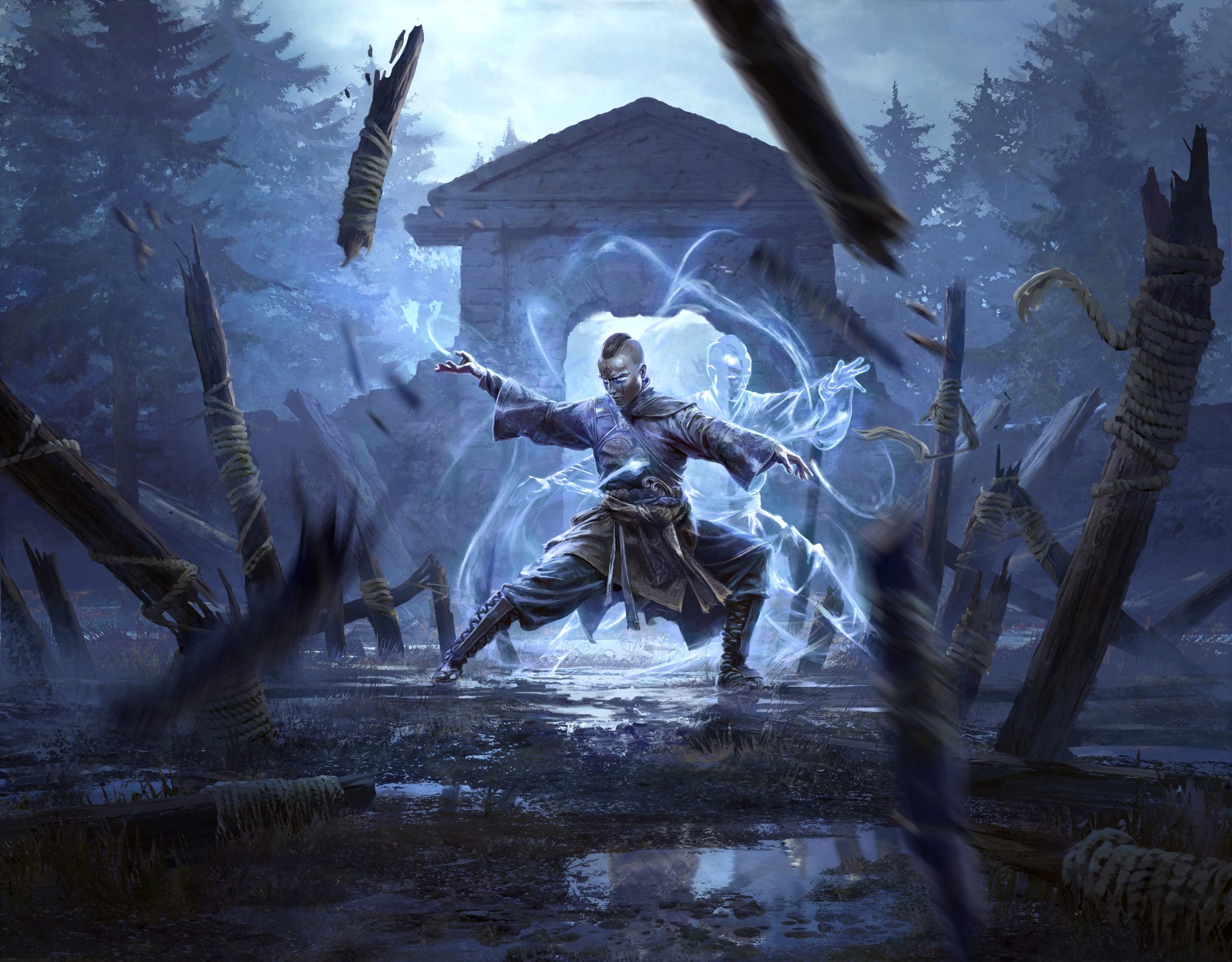 A character in 'Path of Exile 2' performing a mystical attack, surrounded by floating debris in a forest setting.