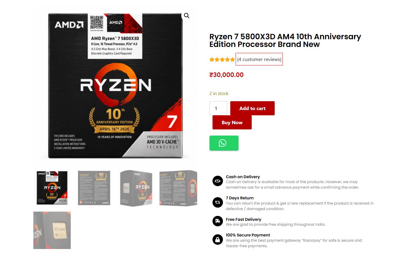 La boîte du processeur AMD Ryzen 7 5800X3D AM4 10th Anniversary Edition avec les détails techniques. Une capture d'écran montre le produit listé à 30 000 INR avec les boutons 'Ajouter au panier' et 'Acheter maintenant'.