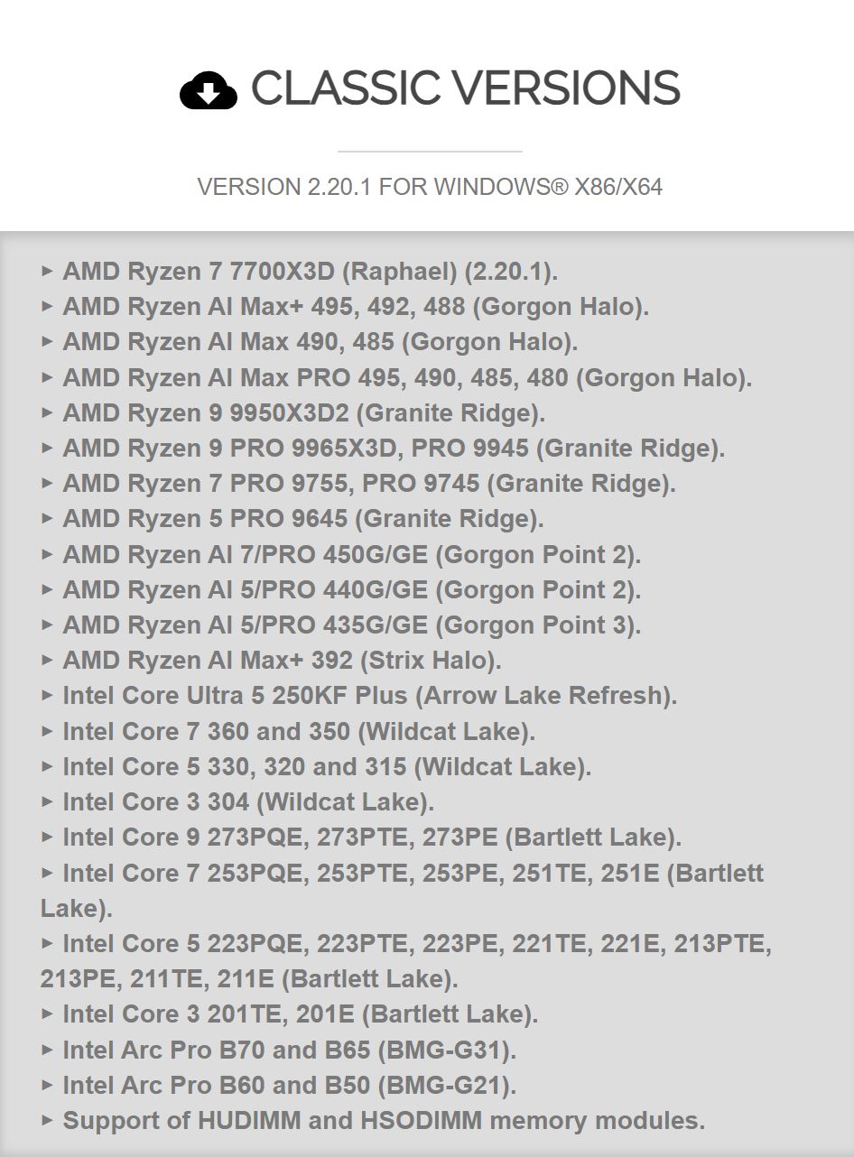 A list of supported hardware in 'VERSION 2.20.1 FOR WINDOWS X86/X64,' featuring AMD Ryzen and Intel Core processors, such as AMD Ryzen 7 7700X3D, Ryzen 9 9950X3D2, Intel Core Ultra 5 250KF Plus, and Intel Arc Pro graphics cards.