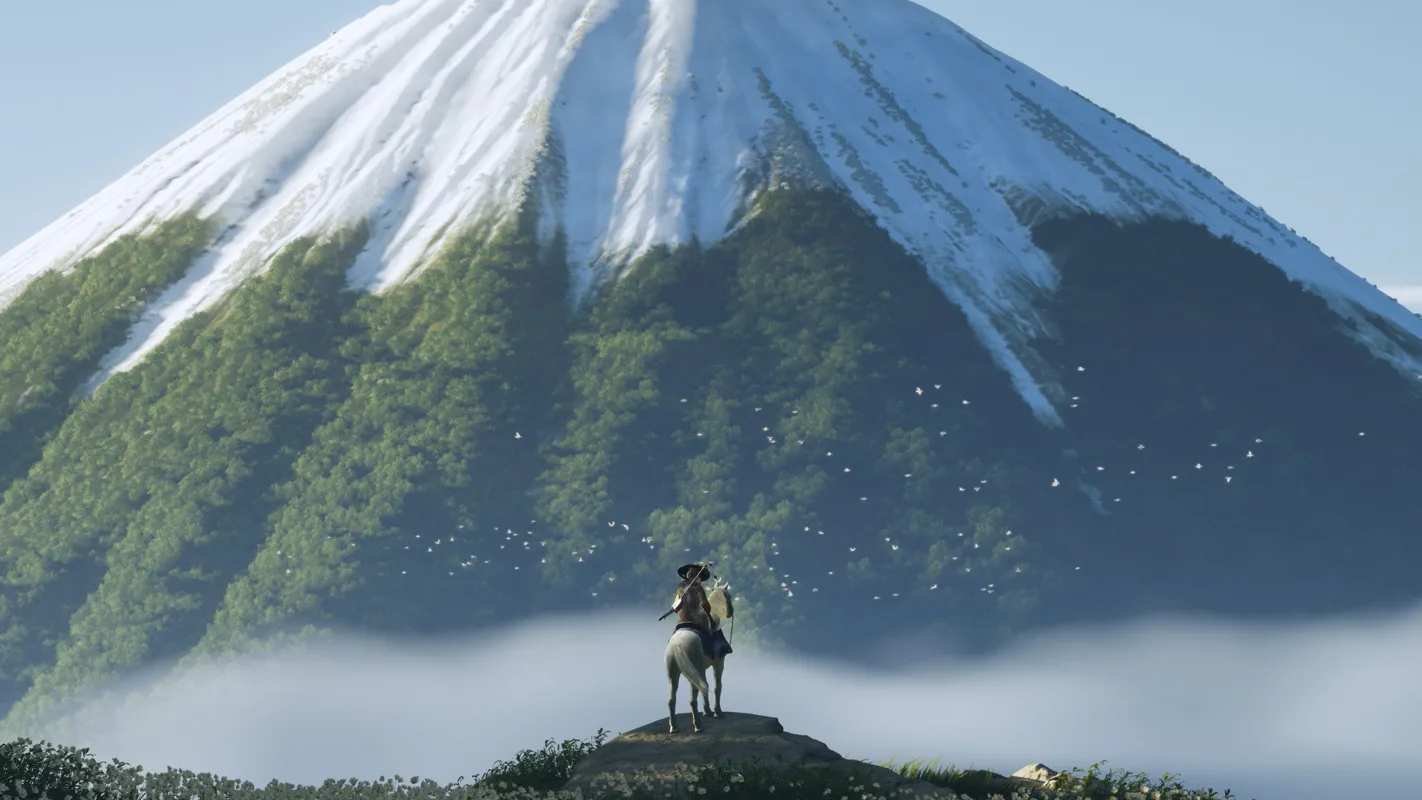 Protagoniste à cheval regardant une grande montagne.