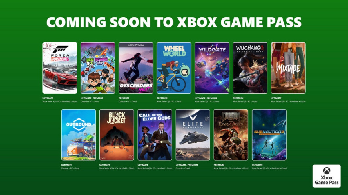 A banner titled 'COMING SOON TO XBOX GAME PASS' showcases games including 'Forza Horizon 6,' 'Ben 10: Power Trip,' 'Descenders Next,' 'Wheel World,' 'Wildgate,' 'Wuchang: Fallen Feathers,' 'Mixtape,' 'Outbound,' 'Black Jacket,' 'Call of the Elder Gods,' 'Elite Dangerous,' 'Doom Dark Ages,' and 'Subnautica 2.'