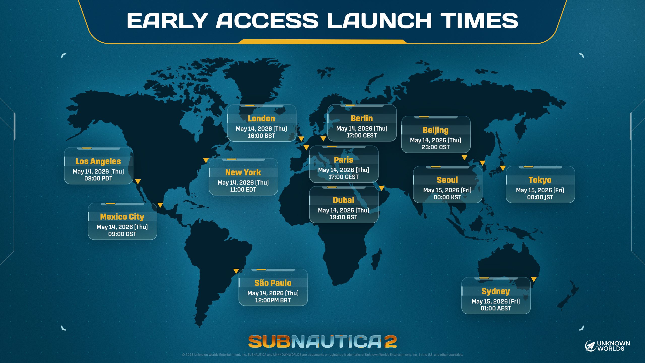 A world map shows 'Early Access Launch Times' for the game Subnautica 2 on May 14-15, 2026, in cities such as Los Angeles, Mexico City, New York, São Paulo, London, Berlin, Paris, Dubai, Beijing, Seoul, Tokyo, and Sydney.