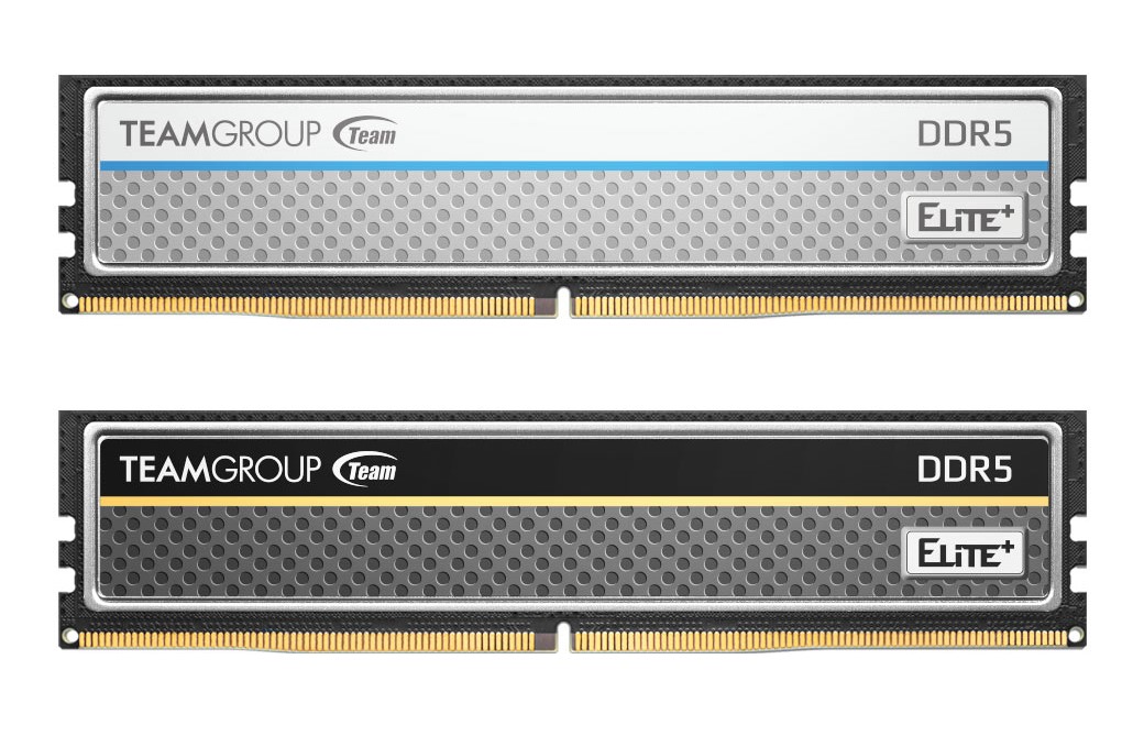 Two TeamGroup Elite Plus DDR5 RAM modules, one with a white and blue label and the other with a black and yellow label.