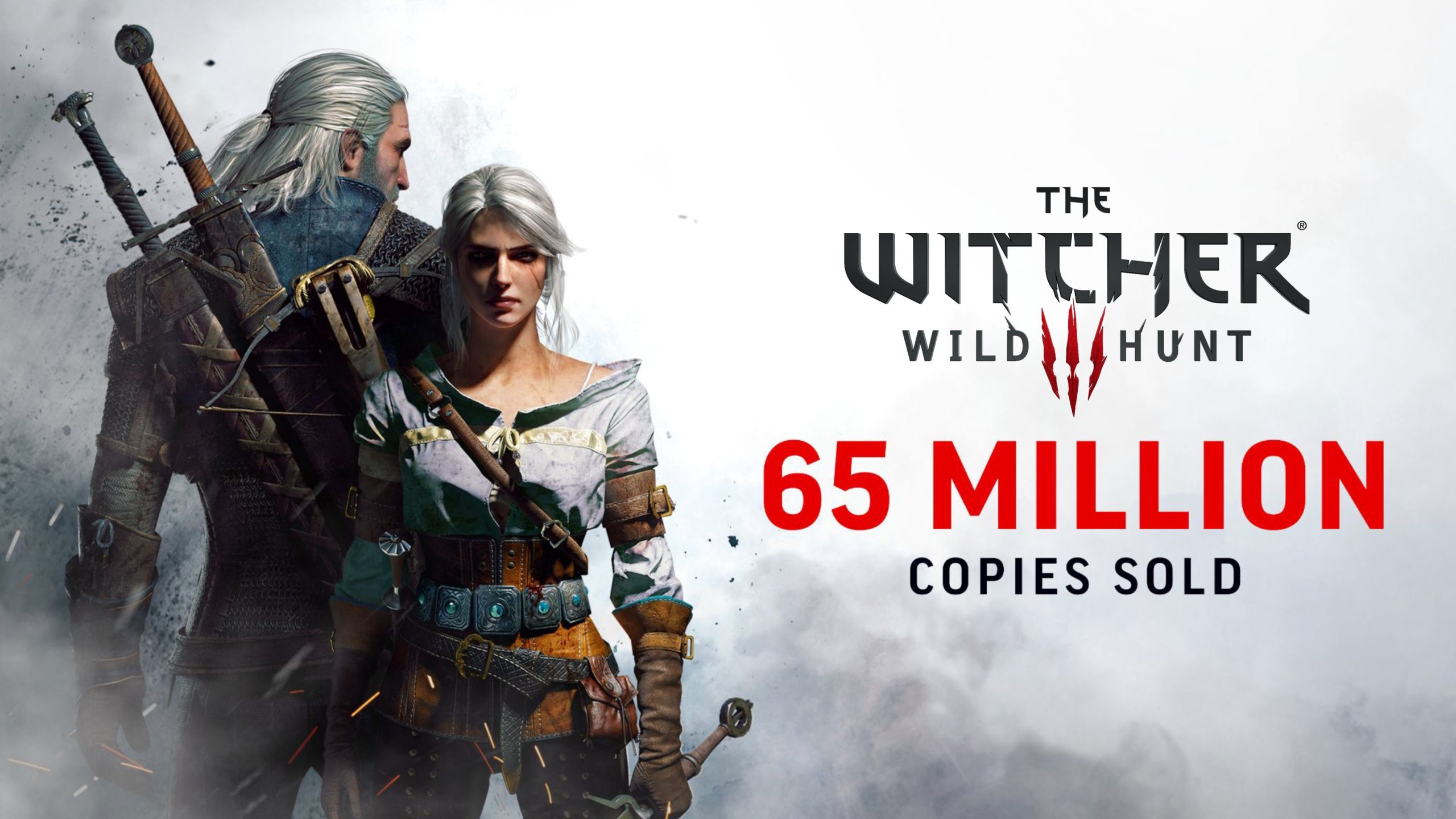 Image promotionnelle de 'The Witcher 3: Wild Hunt' avec Geralt et Ciri, accompagnée du texte '65 Millions de Copies Vendues'.
