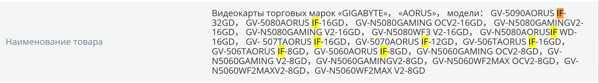 Une liste de modèles de cartes graphiques GIGABYTE et AORUS, incluant 'GV-5090AORUS IF-32GD' et 'GV-5080AORUS IF-16GD'.