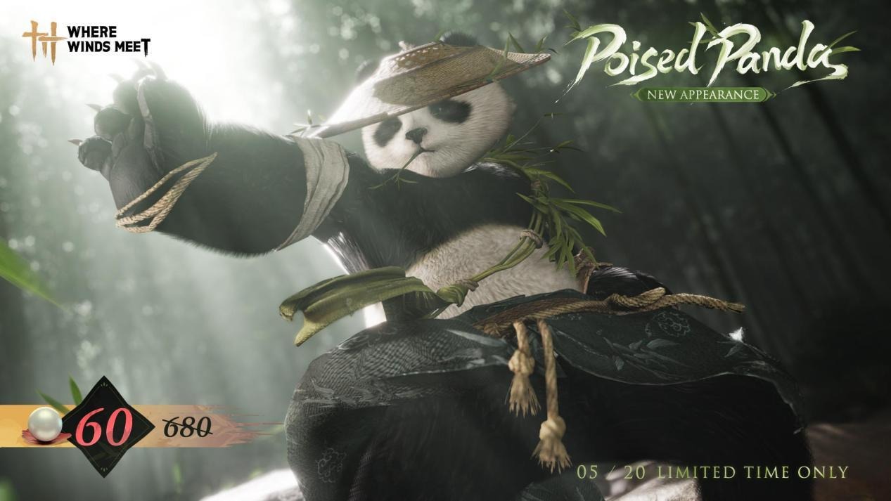 A panda character in the game 'Where Winds Meet' is featured, titled 'Poised Panda,' with an appearance indicator of '60' and '680' for a limited time event ending on 05/20.