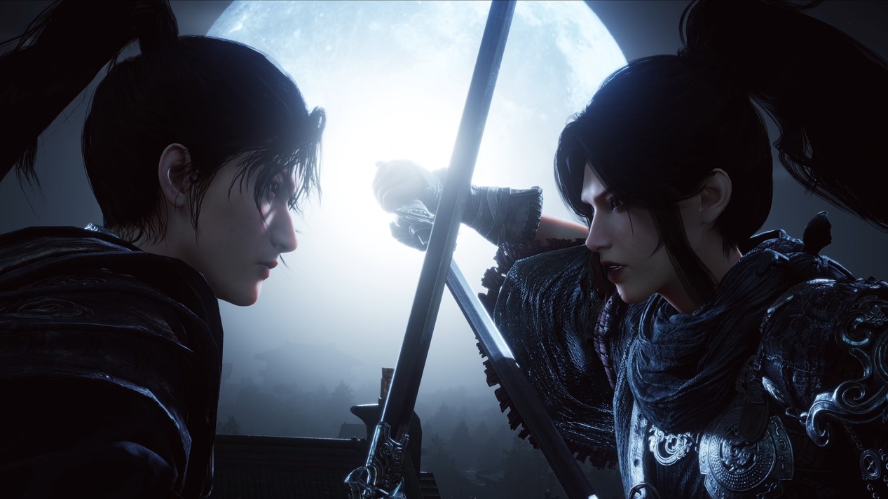 Two characters from a video game face off with swords under a full moon.