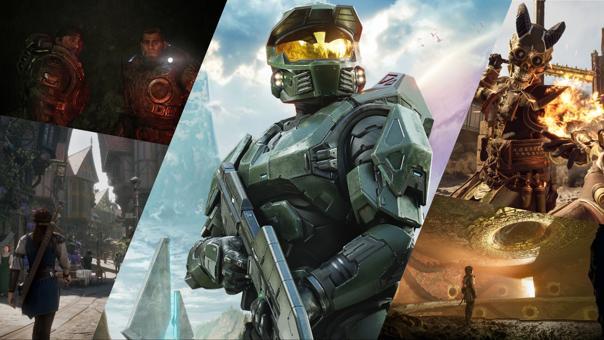 Collage de personnages de jeux vidéo attendus lors du Xbox Games Showcase, incluant un soldat en armure mécanique, un guerrier fantasy et un mage.