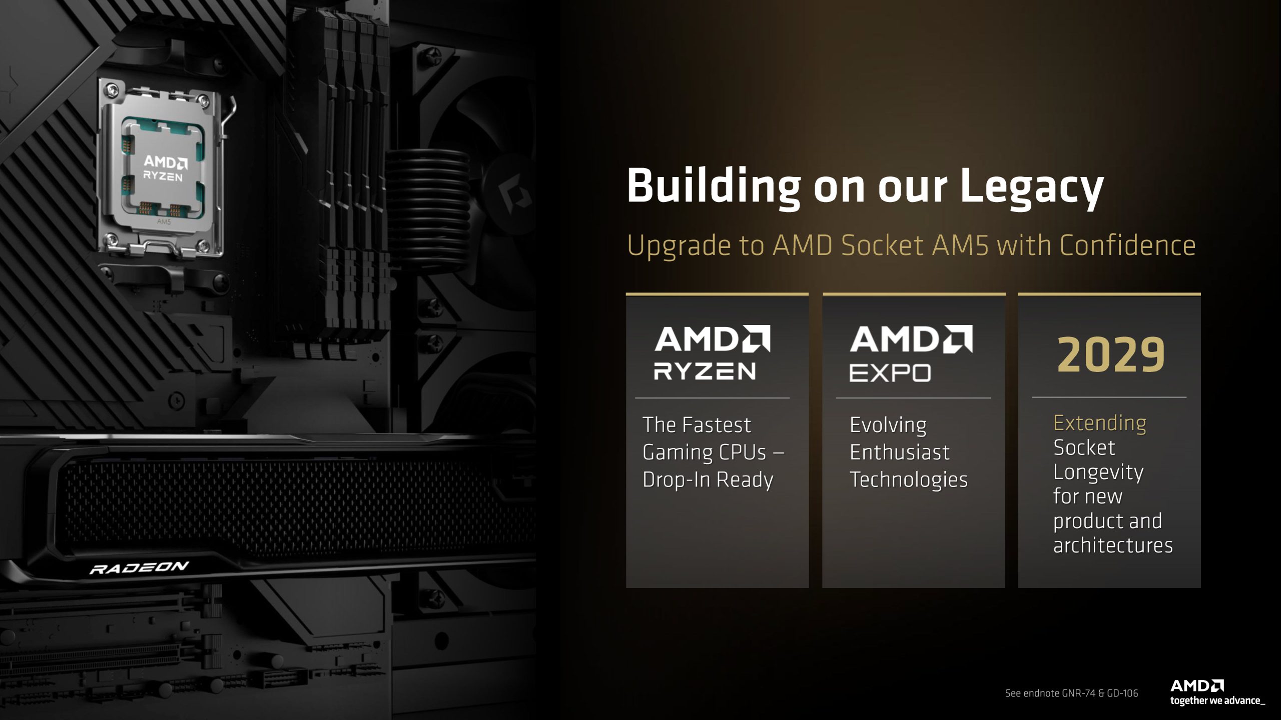 Une diapositive de présentation montrant un CPU AMD Ryzen dans un socket de carte mère, avec des graphiques vantant la confiance dans l'upgrade vers le Socket AM5, ses fonctionnalités et une carte graphique Radeon visible.