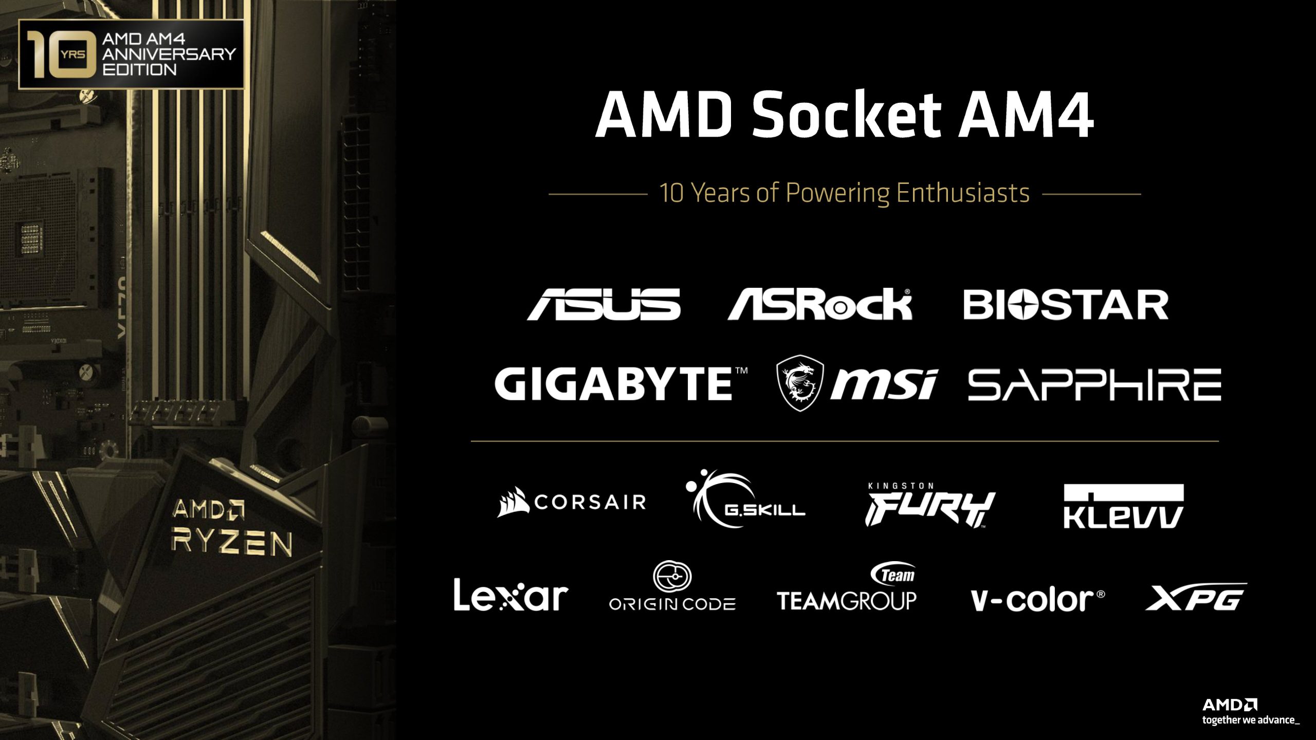 Une diapositive célèbre 'AMD Socket AM4' avec les logos de marques comme ASUS, ASRock, GIGABYTE et MSI, mentionnant '10 ans d'alimentation pour les passionnés'.