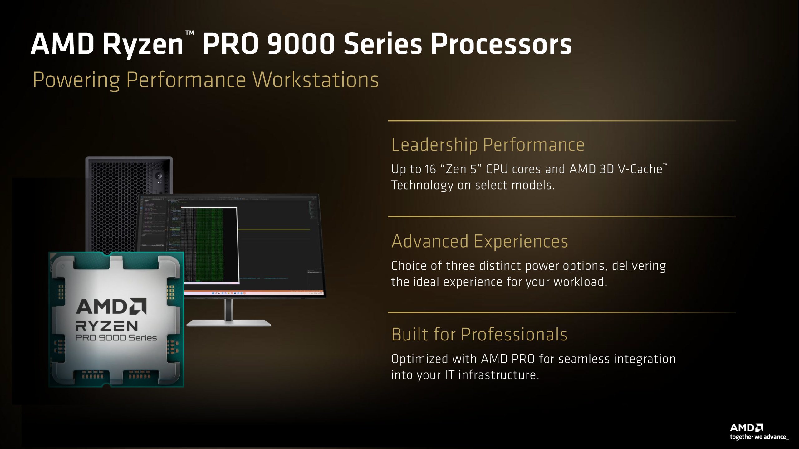 Publicité pour le processeur AMD Ryzen PRO 9000 Series mettant en avant les performances avec jusqu'à 16 cœurs Zen 5, les expériences avancées et l'intégration AMD PRO pour les professionnels.