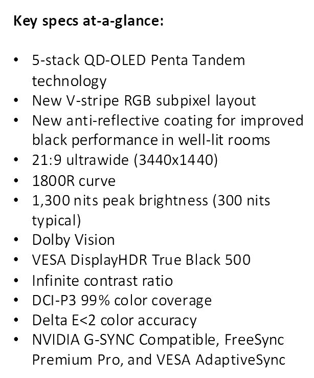 Une liste des caractéristiques principales présente un écran avec la technologie '5-stack QD-OLED Penta Tandem', un format 21:9 ultrawide (3440x1440), une luminosité de pointe de 1300 nits et les compatibilités NVIDIA G-SYNC, FreeSync Premium Pro et VESA AdaptiveSync.