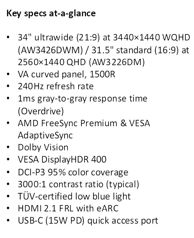 Une liste de spécifications principales présente deux modèles : un ultrawide 34 pouces (AW3426DWM) en 3440x1440 WQHD et un 31,5 pouces (AW3226DM) en 2560x1440 QHD. Les deux disposent d'un panneau VA incurvé, d'un rafraîchissement 240 Hz, d'un temps de réponse de 1ms, d'AMD FreeSync Premium et de VESA AdaptiveSync.