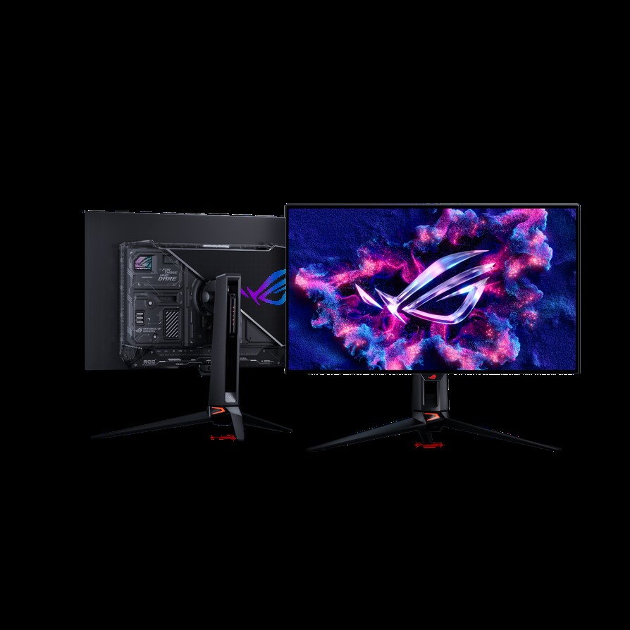 Deux moniteurs ASUS ROG Strix XG32UQ, montrant le logo rétroéclairé RGB à l'arrière et un affichage vibrant sur l'avant.
