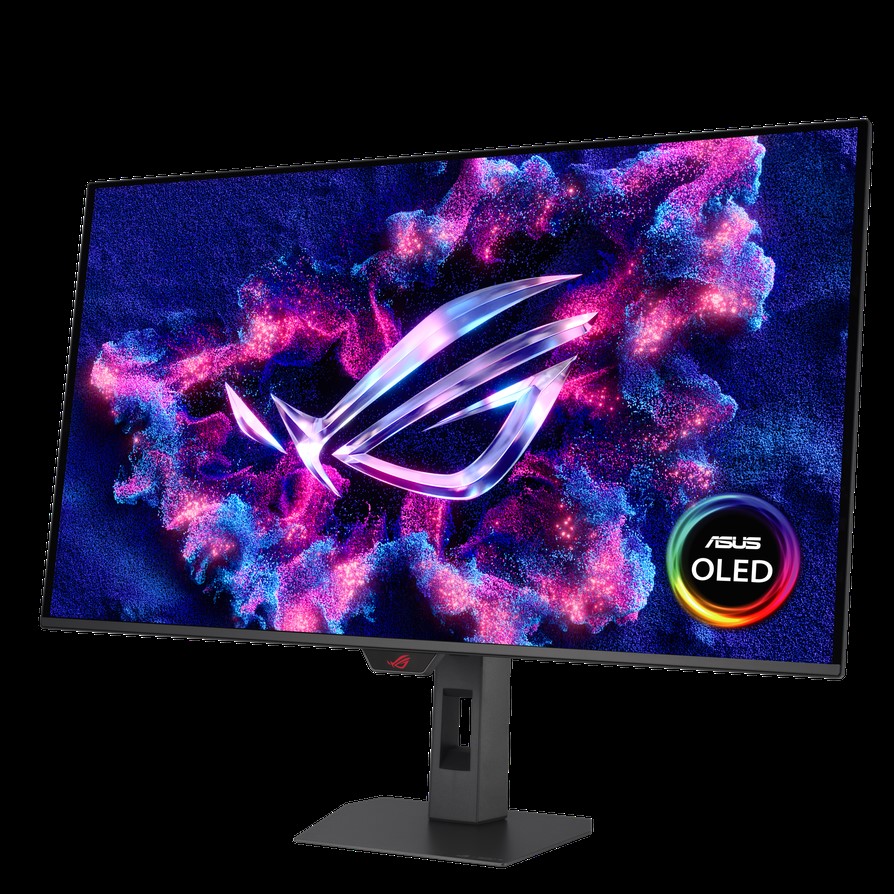 Le moniteur de jeu ASUS ROG OLED affiche un design cosmique vibrant avec le logo 'ASUS OLED' dans le coin.