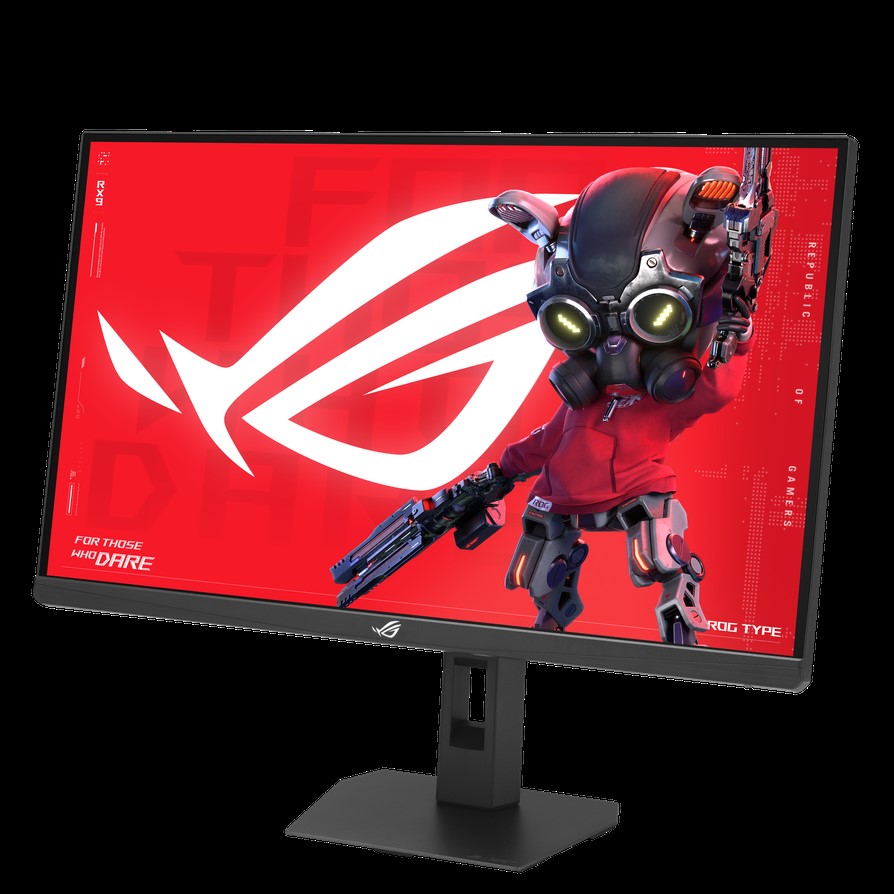 Un moniteur ASUS ROG affichant une image sur le thème du rouge avec le logo ROG et un personnage futuriste tenant une arme, avec le texte à l'écran 'For Those Who Dare'.