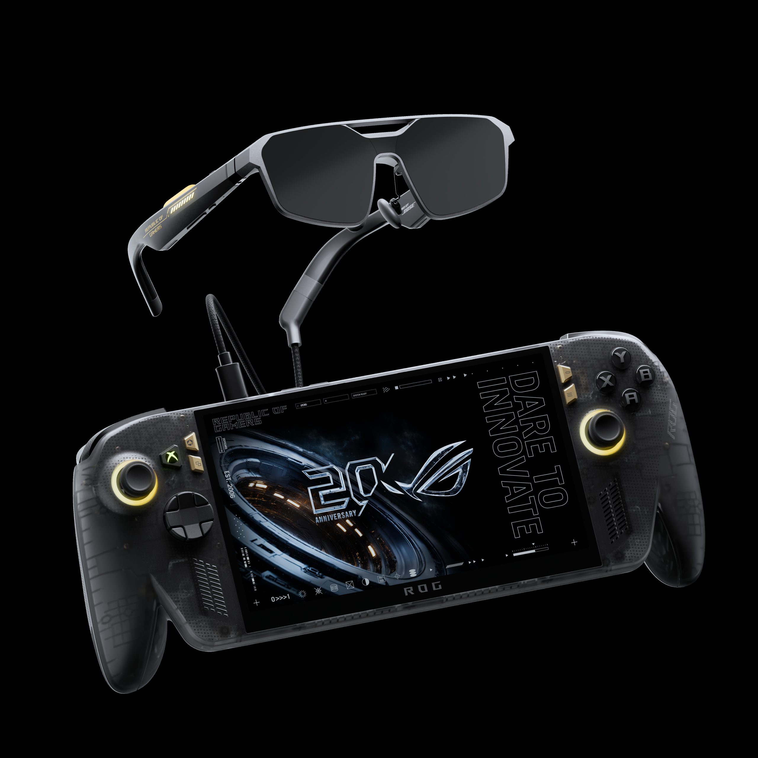 ASUS ROG Ally avec écran affichant 'DARE TO INNOVATE' à côté de lunettes ROG futuristes.