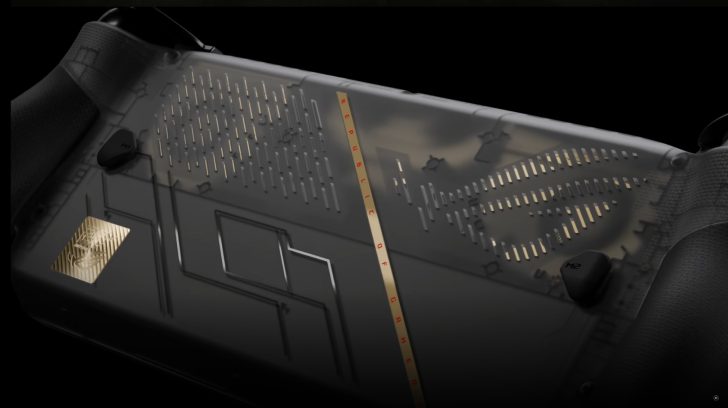 Vue du dessous d'une console ASUS Rog Ally avec ses grilles d'aération.
