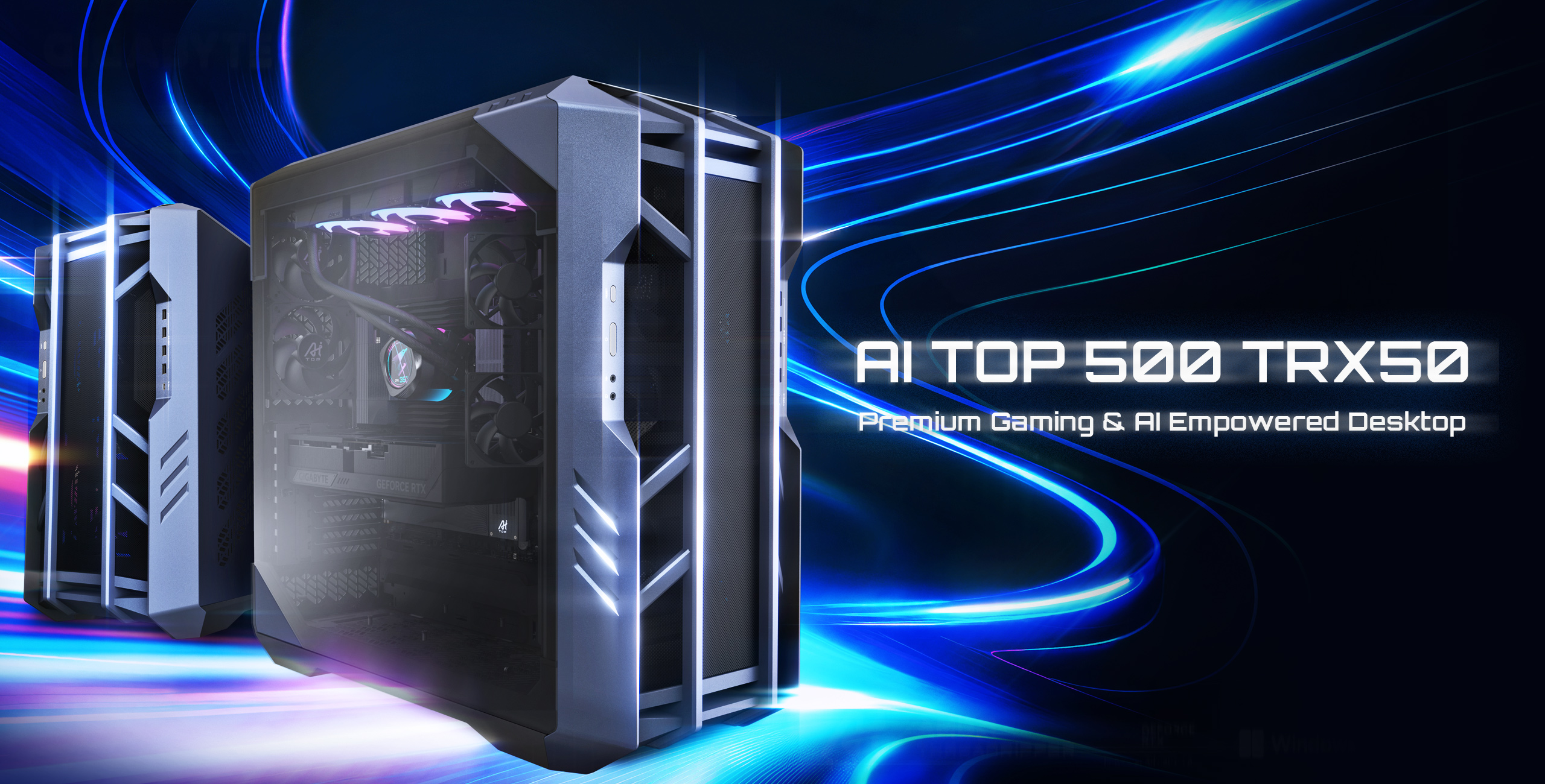 Ordinateur de bureau futuriste 'AI TOP 500 TRX50' présenté avec le texte 'Premium Gaming & AI Empowered Desktop' dans un environnement éclairé par des néons.