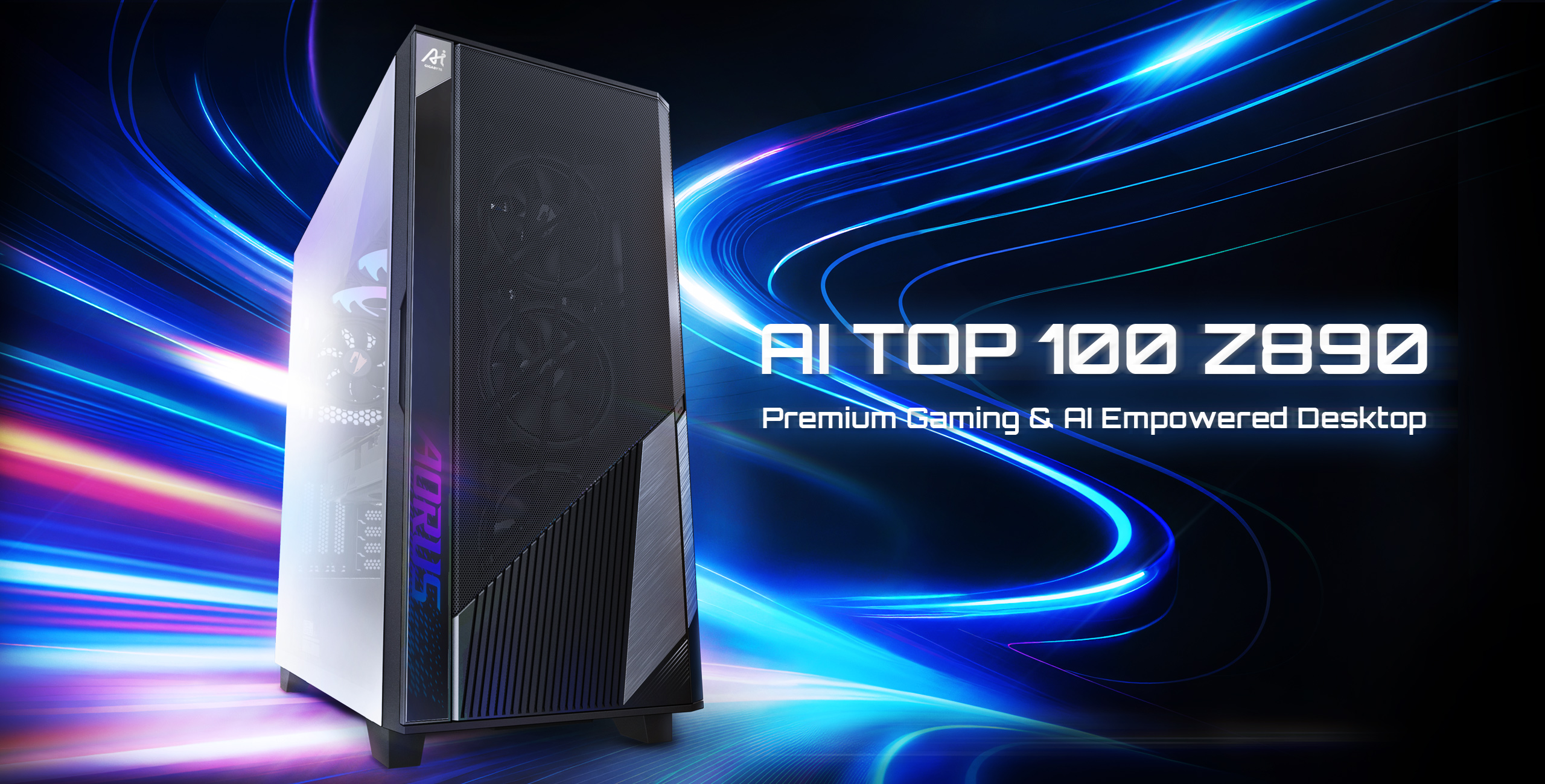 Ordinateur de bureau élégant 'AI TOP 100 Z890' avec logo AORUS rétroéclairé sur un fond bleu et violet dynamique, accompagné du texte 'Premium Gaming & AI Empowered Desktop'.