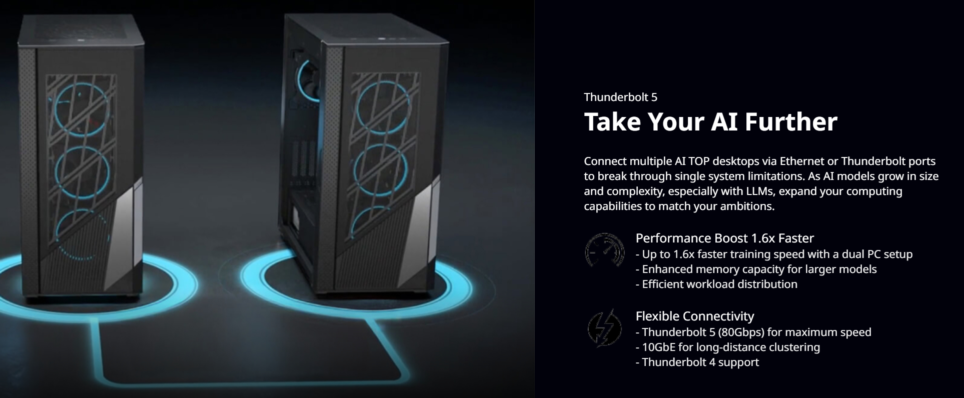 Un ordinateur de bureau avec des ventilateurs à LED bleues visibles, accompagné de texte décrivant les capacités 'Thunderbolt 5', l'amélioration de l'IA et les options de connectivité flexible.