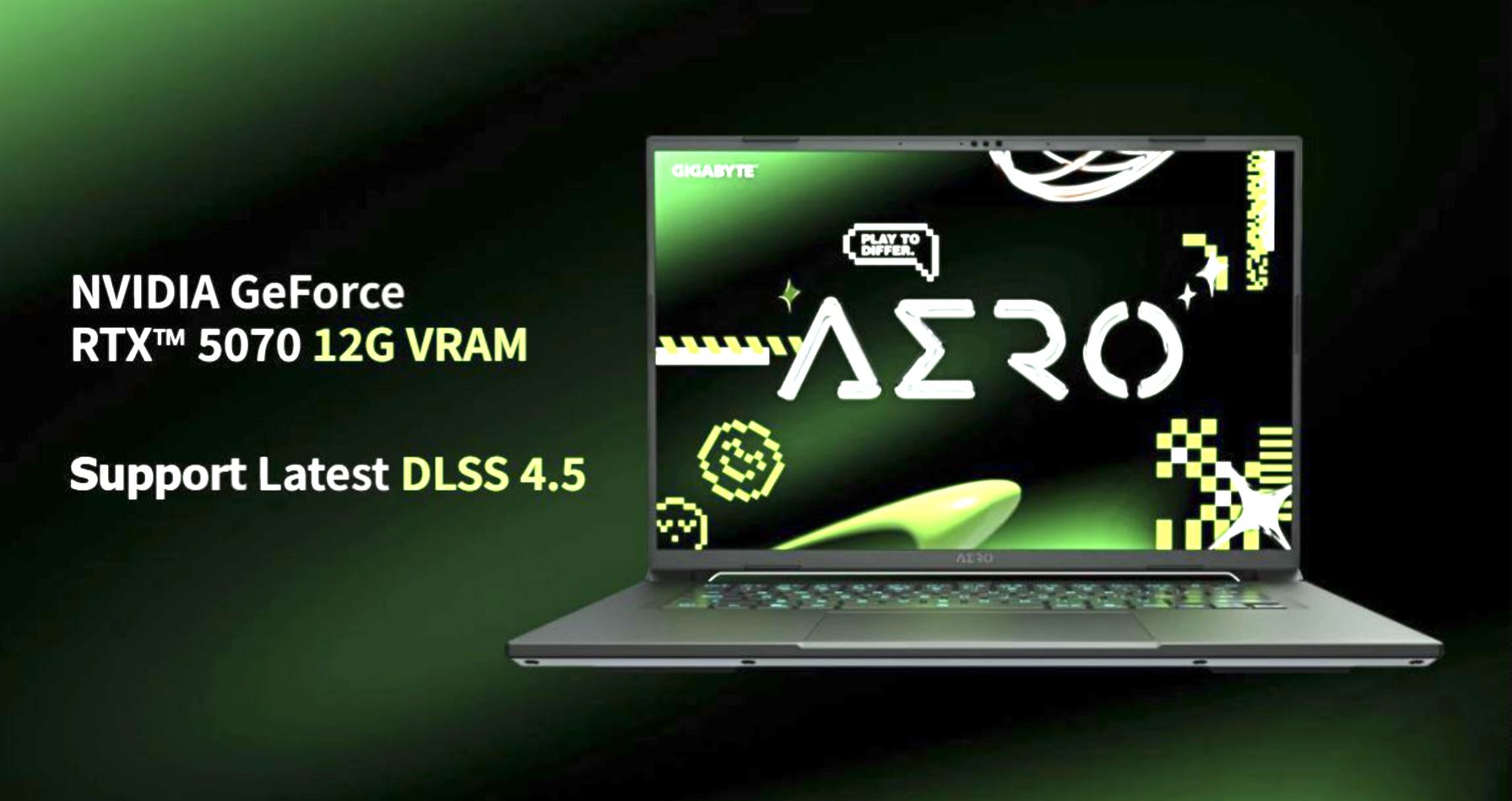Un PC portable Gigabyte Aero, avec du texte mettant en avant 'NVIDIA GeForce RTX 5070 12G VRAM' et 'Support Latest DLSS 4.5'.