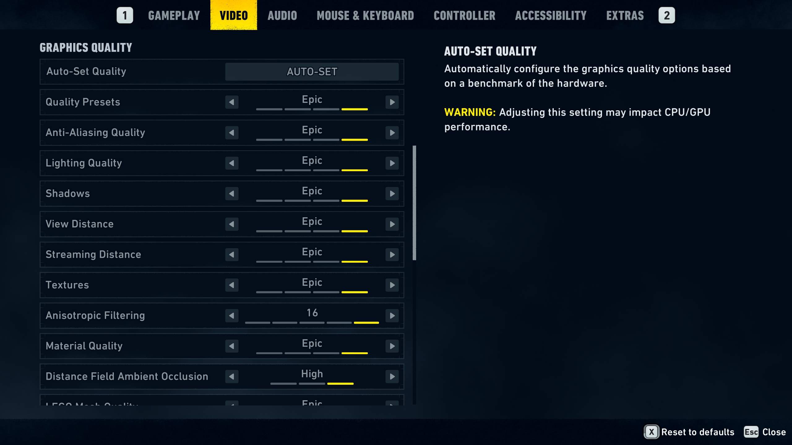 Menu des paramètres vidéo montrant les options de qualité graphique réglées sur 'Epic'.