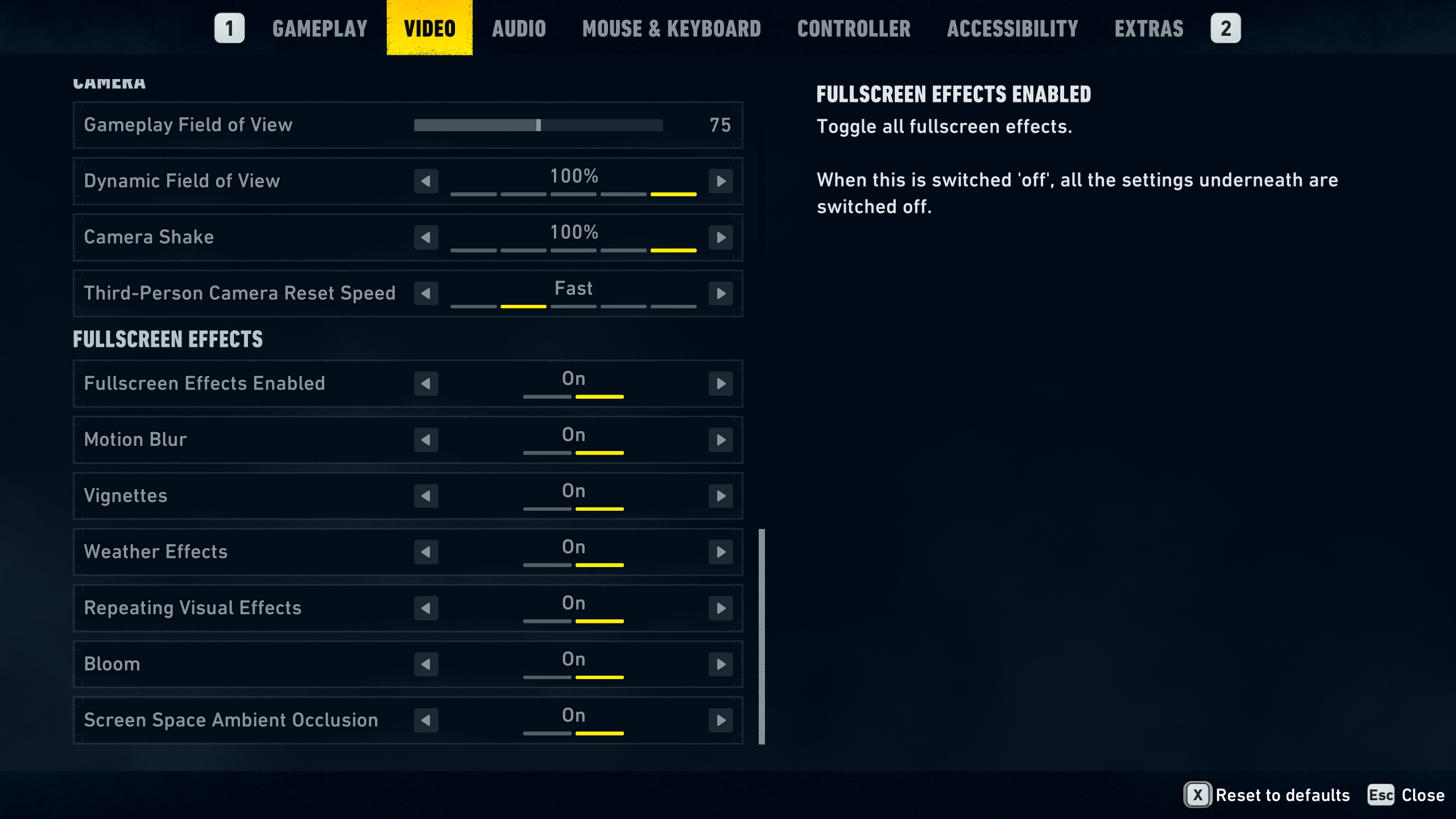 Menu des paramètres vidéo avec les effets plein écran et le champ de vision gameplay.