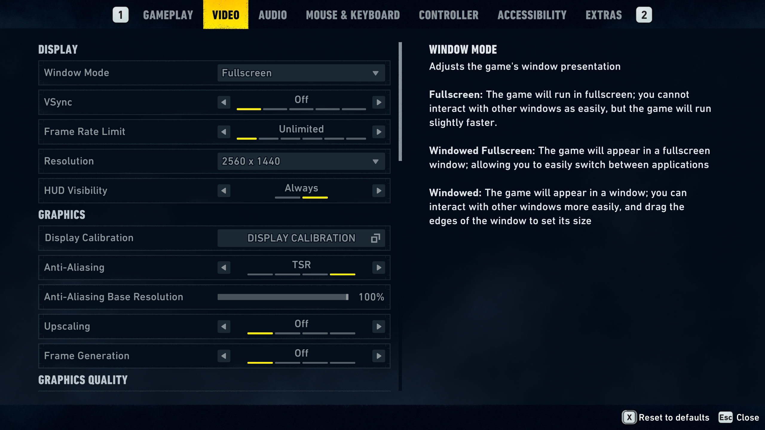 Menu des paramètres vidéo du jeu, affichant les options d'affichage et de graphisme.