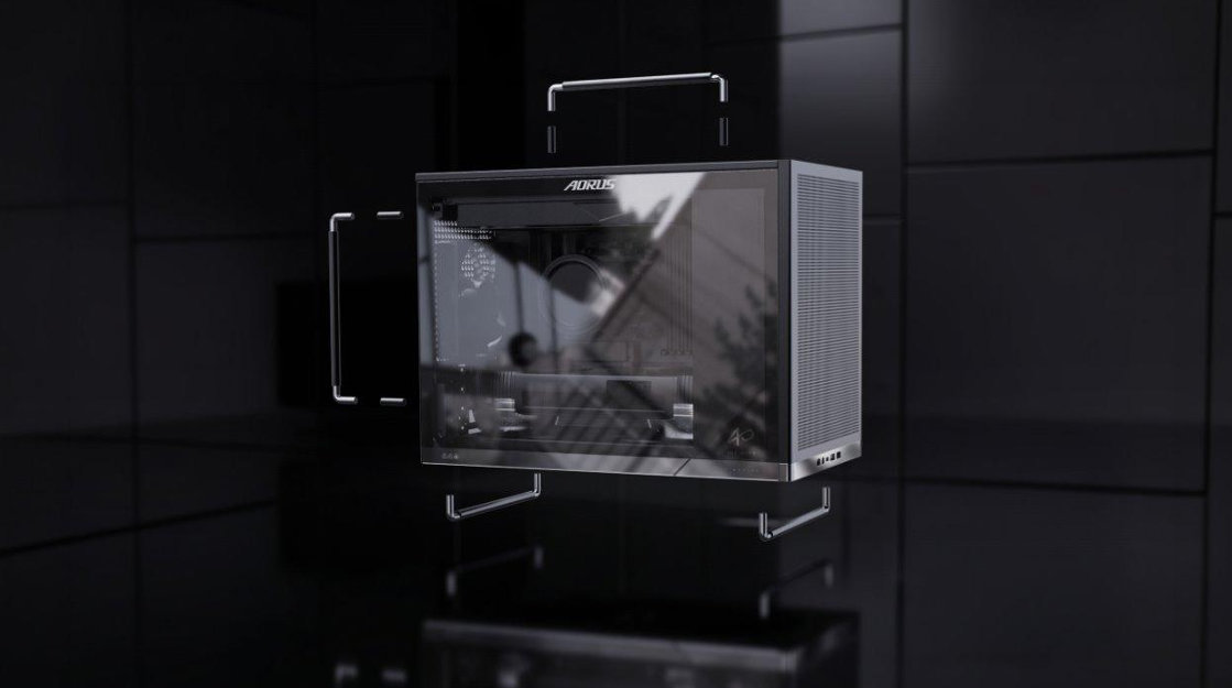 Un boîtier PC gaming AORUS avec une vitre latérale, présenté dans une pièce sombre pour mettre en avant son design épuré et ses connecteurs avant.