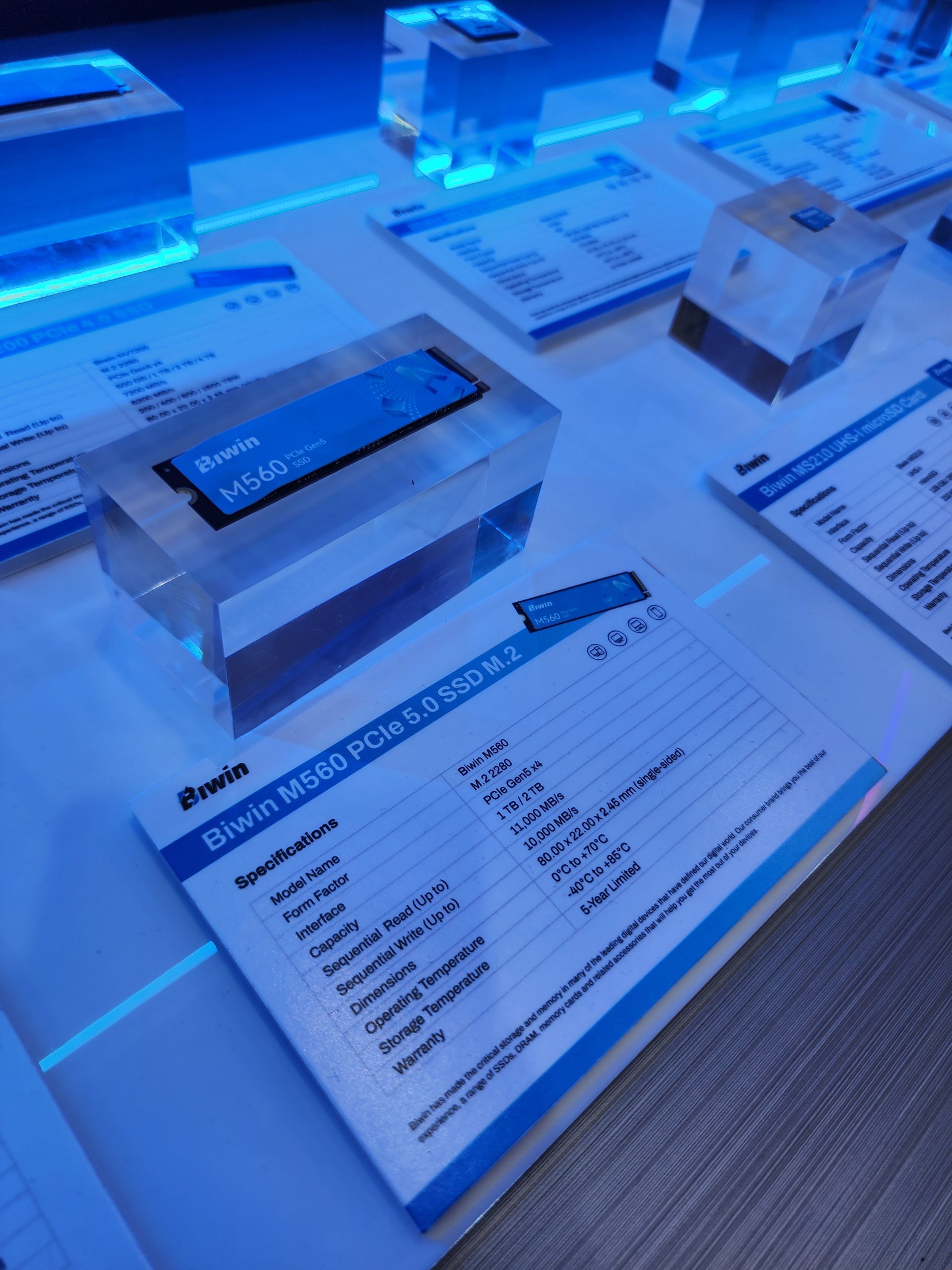 Un présentoir exposant le SSD Biwin M560 PCIe 5.0 M.2, accompagné d'une fiche technique détaillée listant ses caractéristiques : PCIe Gen 5, capacités de 1/2 To, débits séquentiels jusqu'à 12 000 Mo/s en lecture et 10 000 Mo/s en écriture.