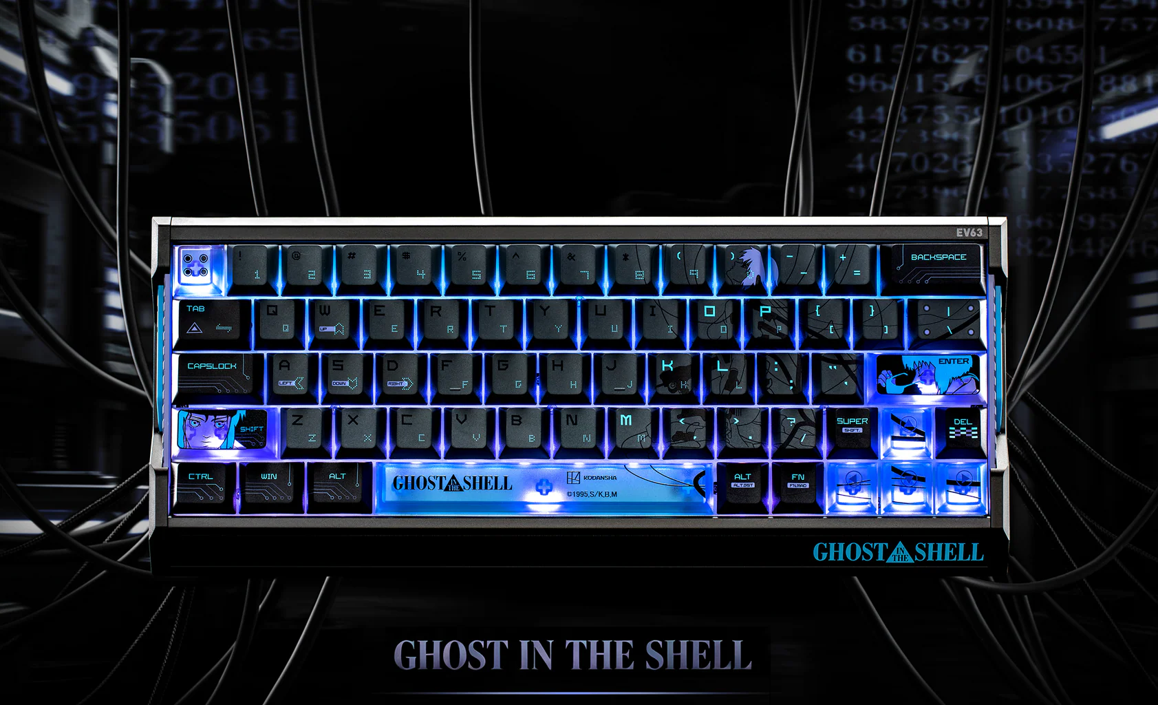 Un clavier mécanique sur le thème 'Ghost in the Shell' avec un rétroéclairage et des touches personnalisées. Le modèle EV63 est indiqué en haut à droite.